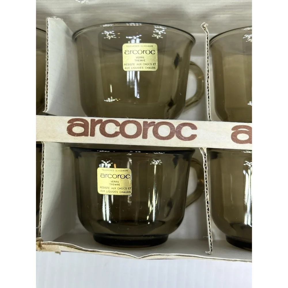 Vintage Arcoroc Smoked Glass (6) Cups & Saucers Set New In Original Box‎ 12 Pc